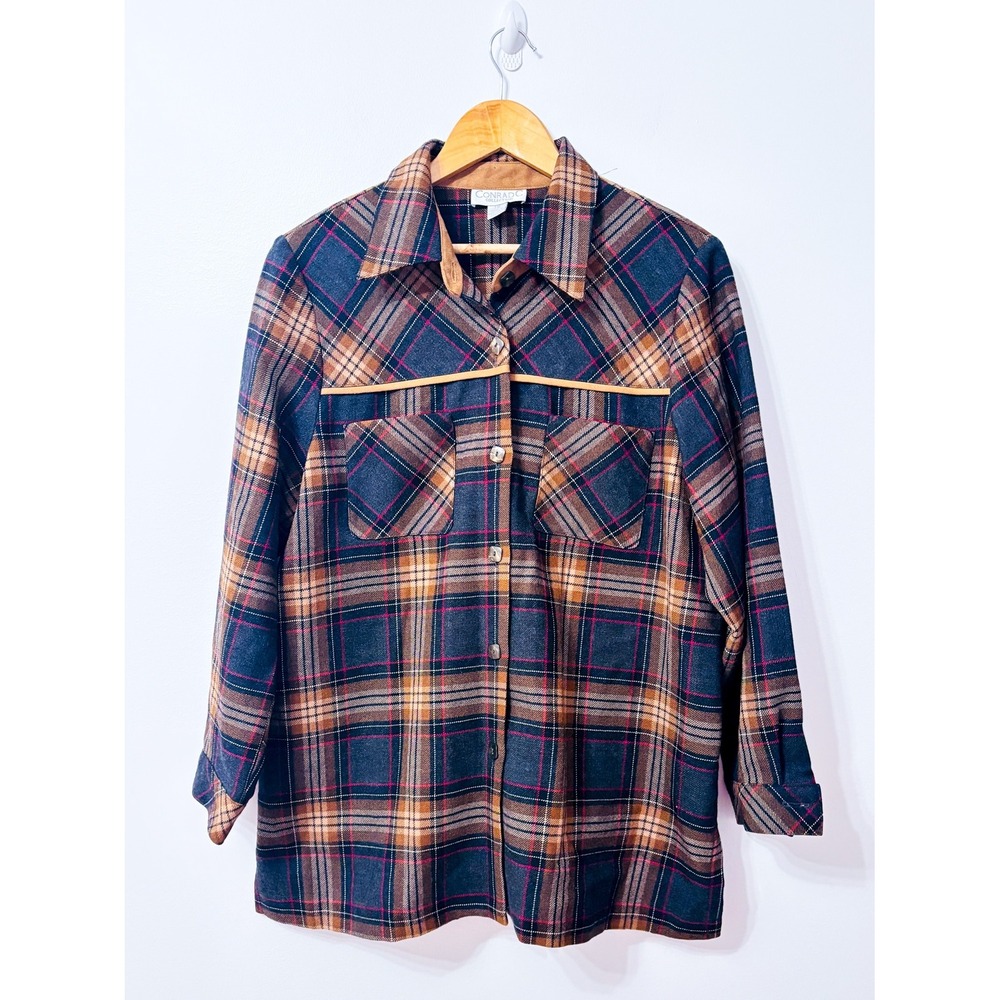 CONRAD C Brown Plaid Thick Button Front Shirt Jacket Petite Size 16